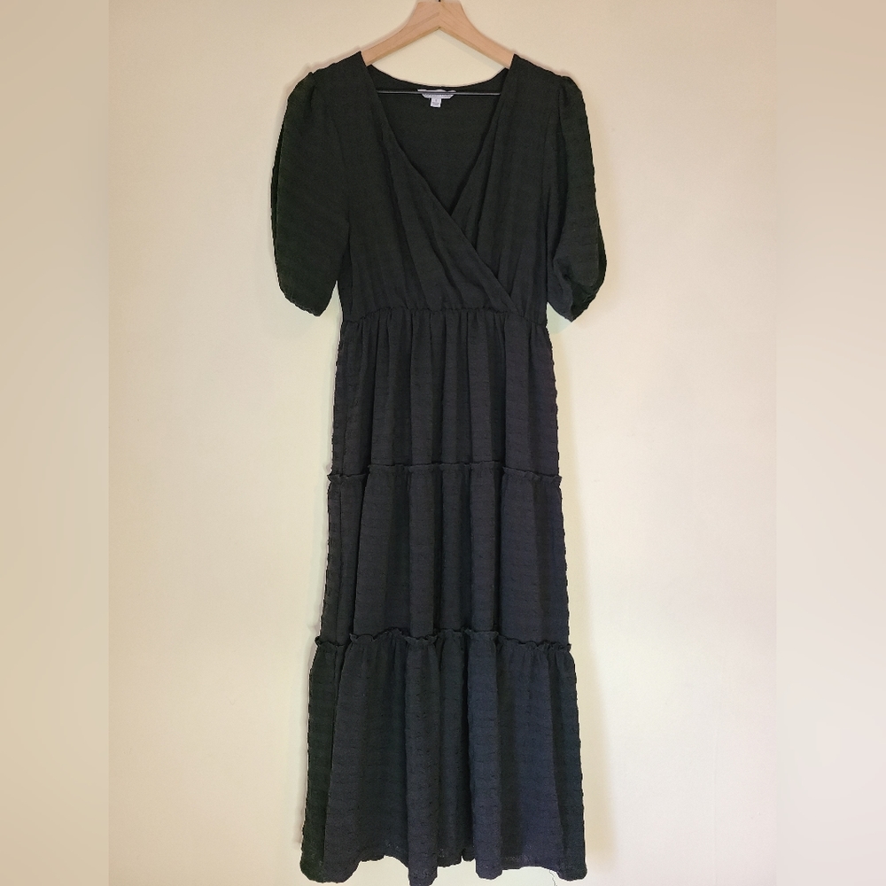 Ophelia Roe black tiered maxi swiss dot wrap top dress small
